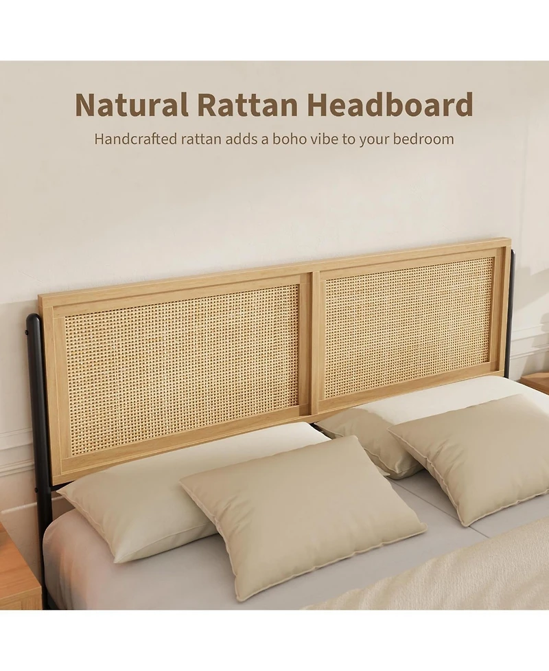 gaomon Queen Size Boho Bed Frame with Natural Rattan Headboard & Footboard, 14" Metal Platform, No Box Spring Needed