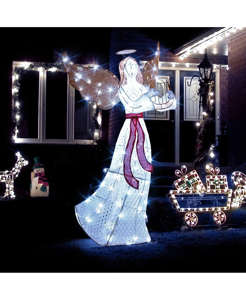 Costway 5 Ft Lighted Angel with Harp Led Lights Halo Zip Ties & Ground Stakes Christmas