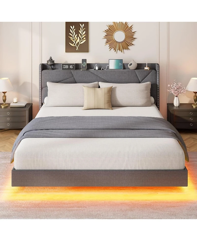 gaomon Queen Floating Bed Frame with Rgb Led Lights & Charging Station - Upholstered Suspended Bed, Storage Headboard, No Box Spring Needed