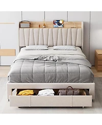 gaomon Upholstered Bed Frame with Storage Headboard, Drawer, Charging Station, Linen Platform