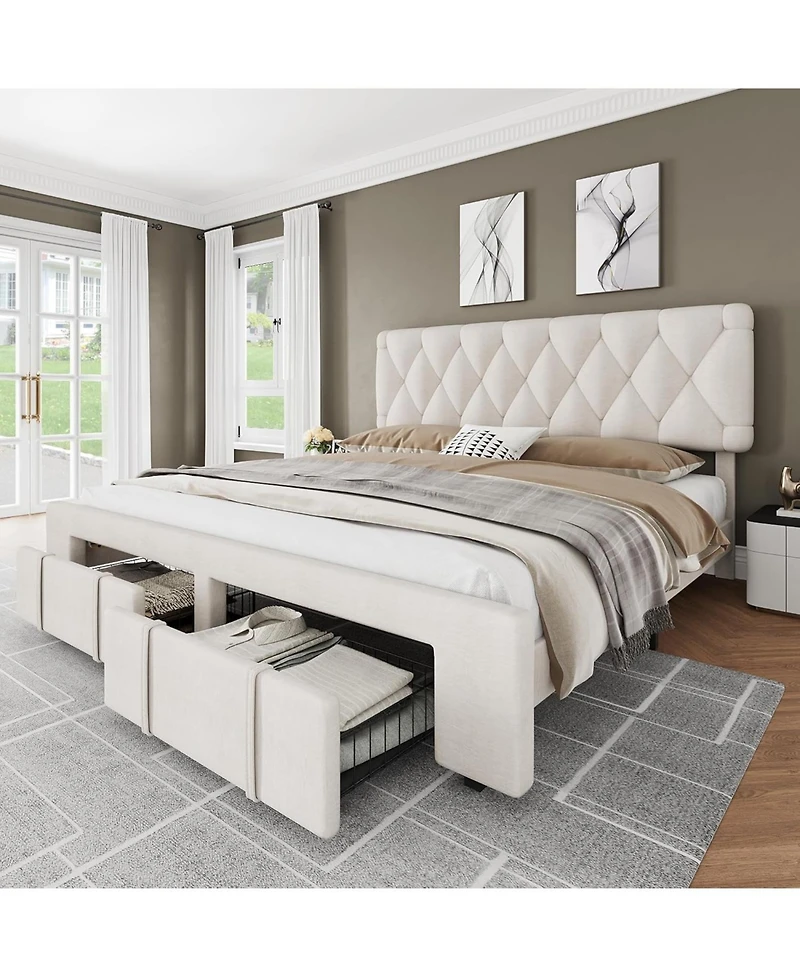 gaomon Upholstered Platform Bed Frame with 2 Storage Drawers, Solid Wood Slats, No Box Spring Needed, Noise-Free