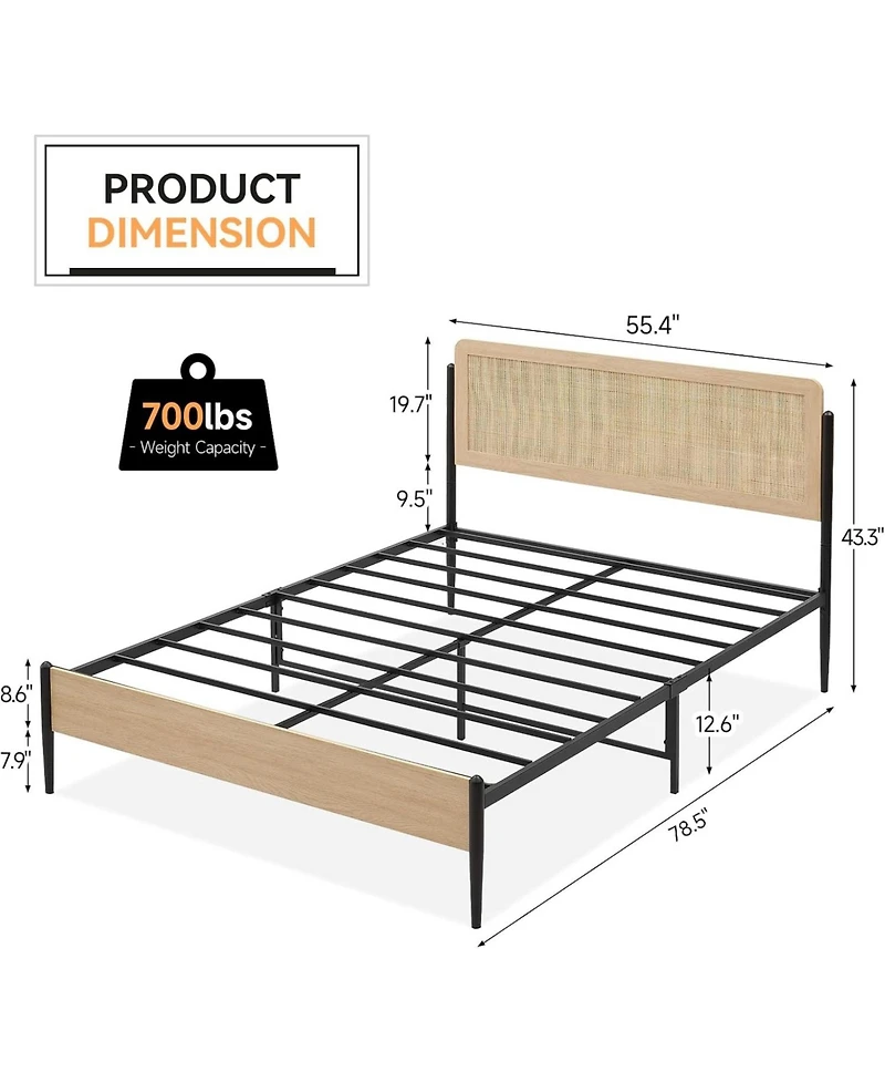 Gaomon Boho Bed Frame with Rattan Headboard & Wood Footboard, Under Bed Storage