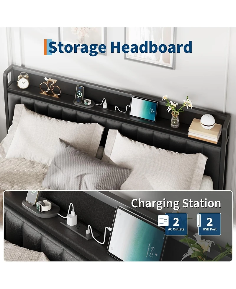 gaomon Queen Bed Frame with Pu Faux Leather, Charging Station, Platform Storage, Soft Headboard, No Box Spring Needed
