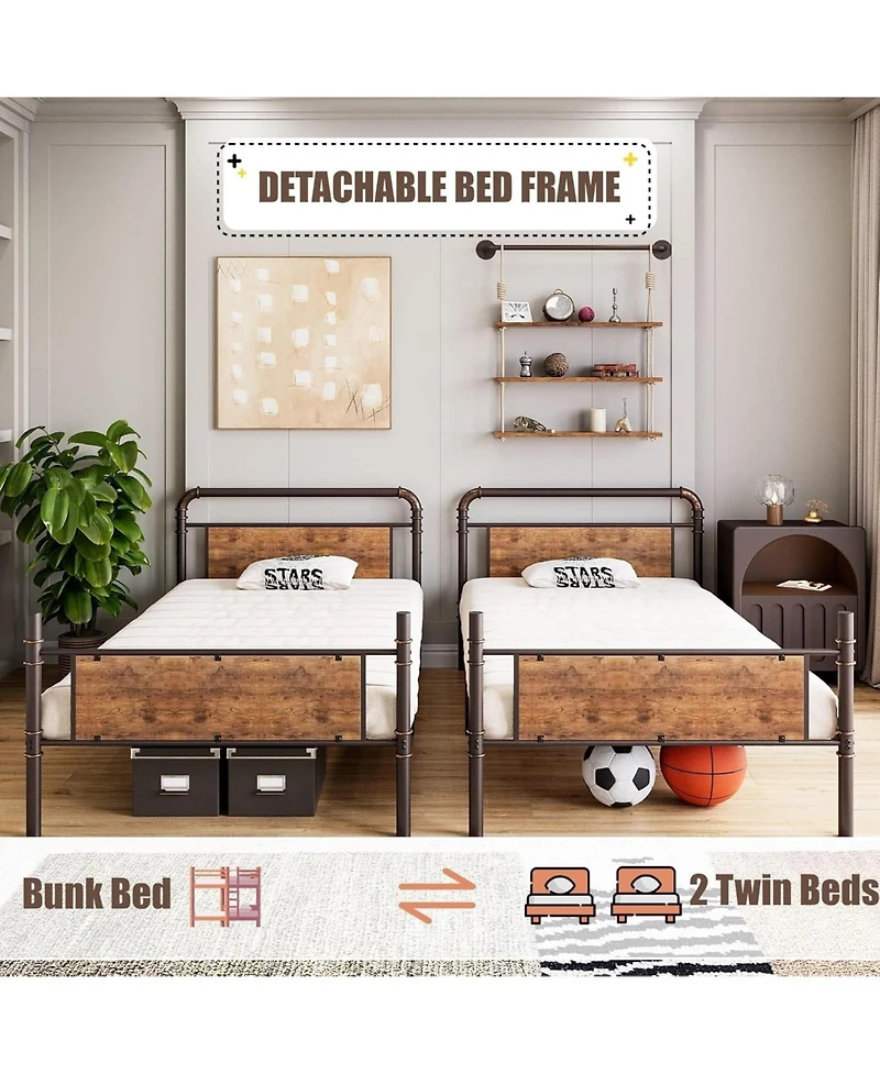 gaomon Metal Bunk Bed Twin Over Twin, Heavy Duty Twin Size Metal Bunk Bed with High Guardrail & Ladders, Convertible Bunk Beds for Kids Adults