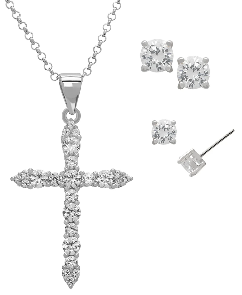 Macy's 3-Pc. Lab Grown White Sapphire (3.62 ct. t.w.) Cross Pendant Necklace And Stud Earrings Set in Sterling Silver