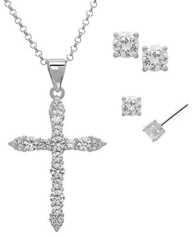 Macy's 3-Pc. Lab Grown White Sapphire (3.62 ct. t.w.) Cross Pendant Necklace And Stud Earrings Set in Sterling Silver