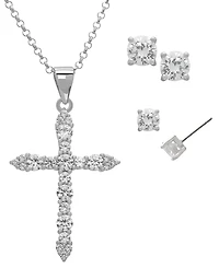 Macy's 3-Pc. Lab Grown White Sapphire (3.62 ct. t.w.) Cross Pendant Necklace And Stud Earrings Set in Sterling Silver