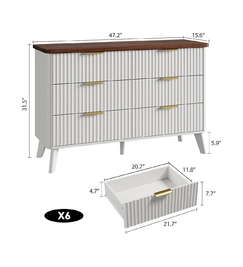 gaomon Fluted Dresser for Bedroom with 6 Deep Drawers, 47in Tall Chest of Drawers with Faux Marble Top, Curved Profile Design