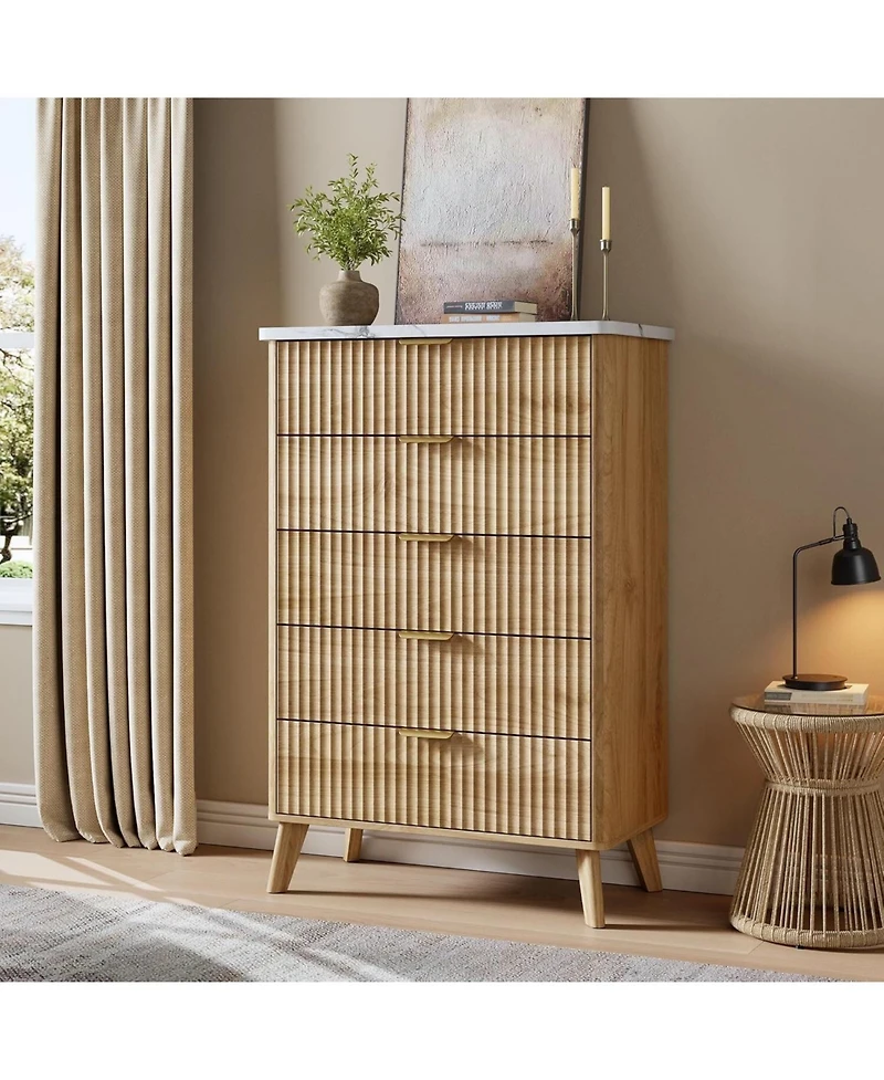 gaomon Fluted Dresser for Bedroom with 5 Deep Drawers, 47in Tall Chest of Drawers with Faux Marble Top, Curved Profile Design, White with Walnut Top