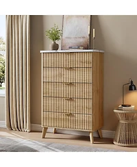 gaomon Fluted Dresser for Bedroom with 5 Deep Drawers, 47in Tall Chest of Drawers with Faux Marble Top, Curved Profile Design, White with Walnut Top