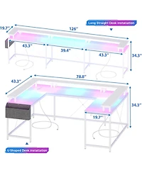 gaomon 78" White U-Shaped Computer Desk with Power Outlets & Rgb Led, Reversible L-Shaped Home Office Desk
