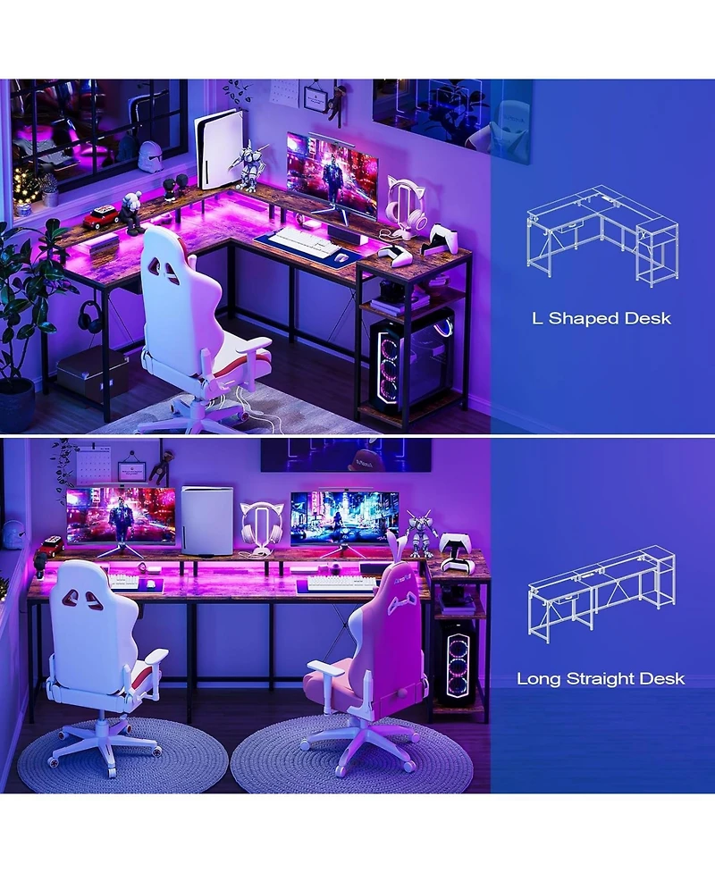 gaomon 55" Brown L-Shaped Desk with Drawer & Led, Versatile Corner Home Office Desk with Usb Charging, Power Outlet, Monitor Stand