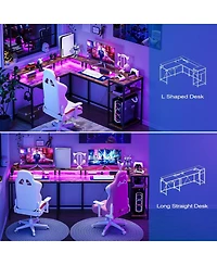 gaomon 55" Brown L-Shaped Desk with Drawer & Led, Versatile Corner Home Office Desk with Usb Charging, Power Outlet, Monitor Stand