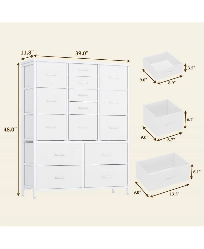 gaomon 15-Drawer Modern Tall Dresser, 48" Fabric Storage Chest, Steel Frame, Wood Top, Bedroom, Closet, Living Room