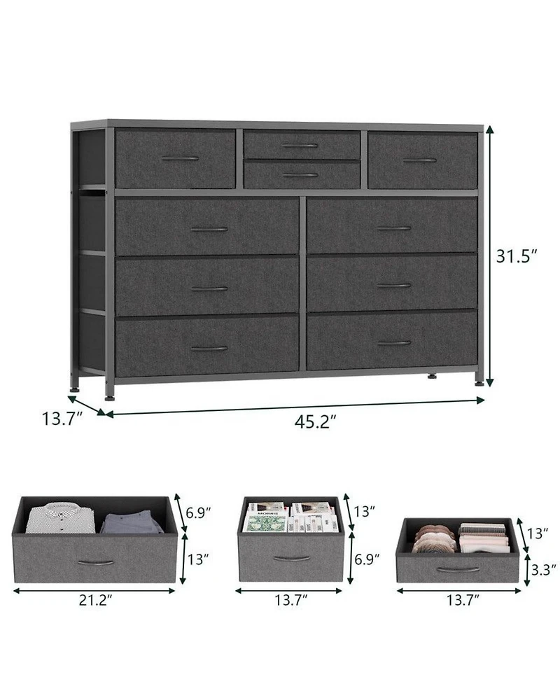 gaomon 10-Drawer Modern Fabric Dresser for Bedroom, Large Storage Chest, 45" Tv Stand, Living Room, Hallway Organizer