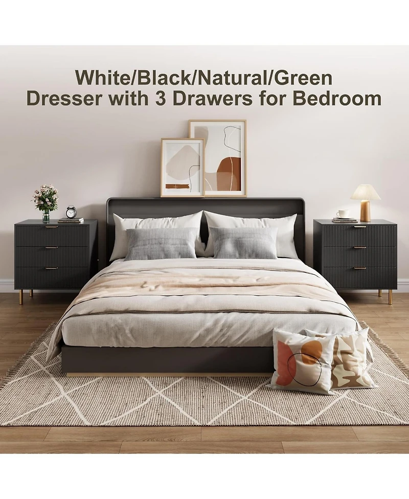 gaomon 3-Drawer Modern Black Dresser, 30" Tall, Fluted Chest with Gold Handles, Anti-Tip Device, Bedroom, Living Room, Kids Room