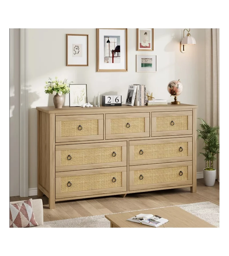 gaomon 7-Drawer Freestanding Rattan Cabinet Dresser, Wood Chest with Anti-Tip, Storage Organizer for Bedroom, Living Room