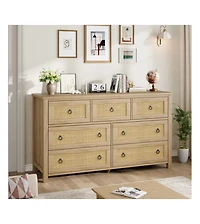 gaomon 7-Drawer Freestanding Rattan Cabinet Dresser, Wood Chest with Anti-Tip, Storage Organizer for Bedroom, Living Room