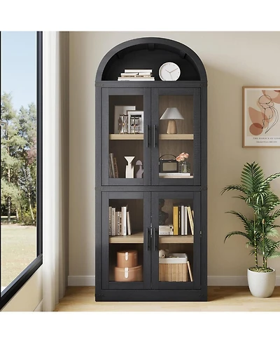 gaomon 71.4 Inch Arched Bookshelf with Glass Doors, Rustic Premium Wood Display Cabinet for Living Room, Black