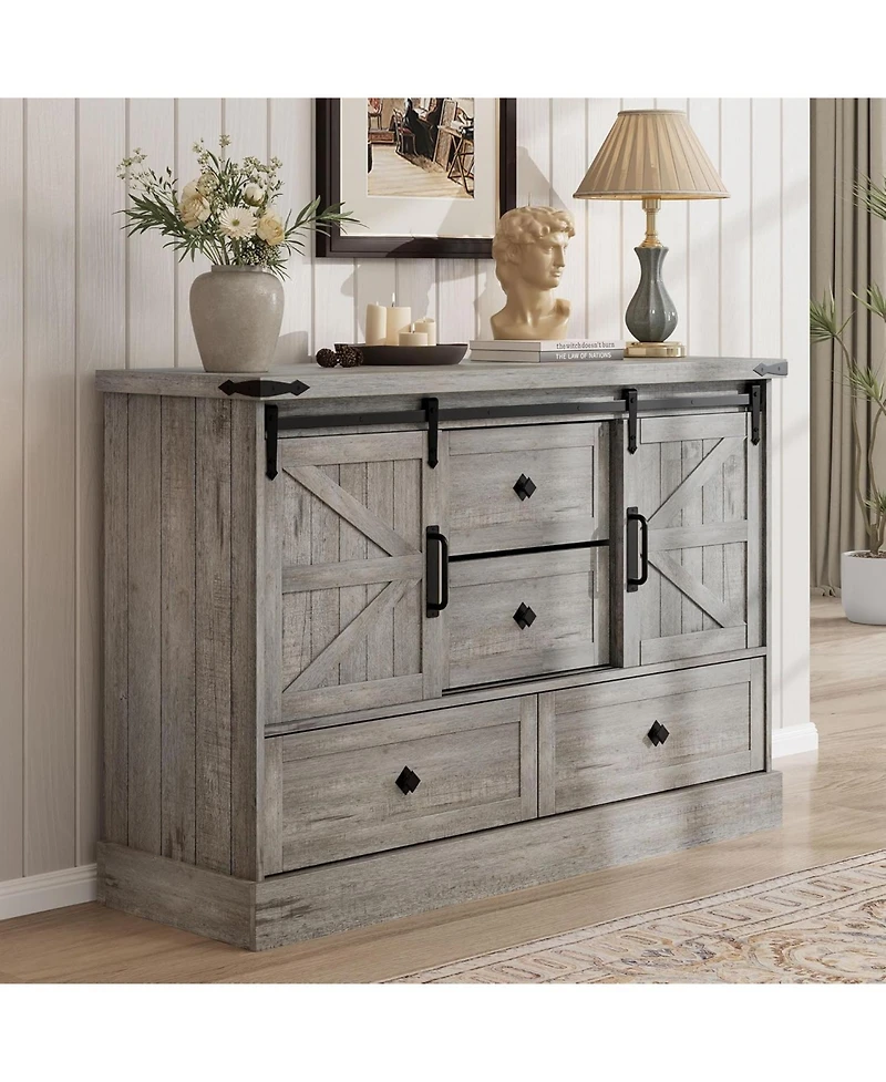 gaomon 4-Drawer Farmhouse Painted Engineered Wood Dresser, Sliding Barn Doors, Removable Divider, Bedroom, Grey