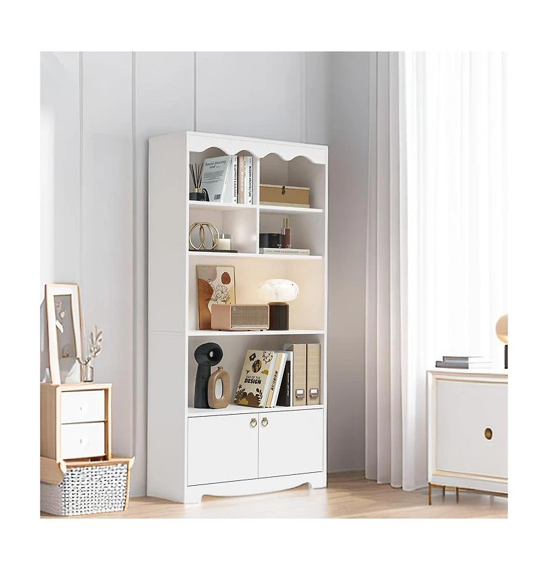 gaomon 5-Tier Modern Bookshelf Display Cabinet, 63" Floor Standing Storage Organizer, Walnut Finish, White