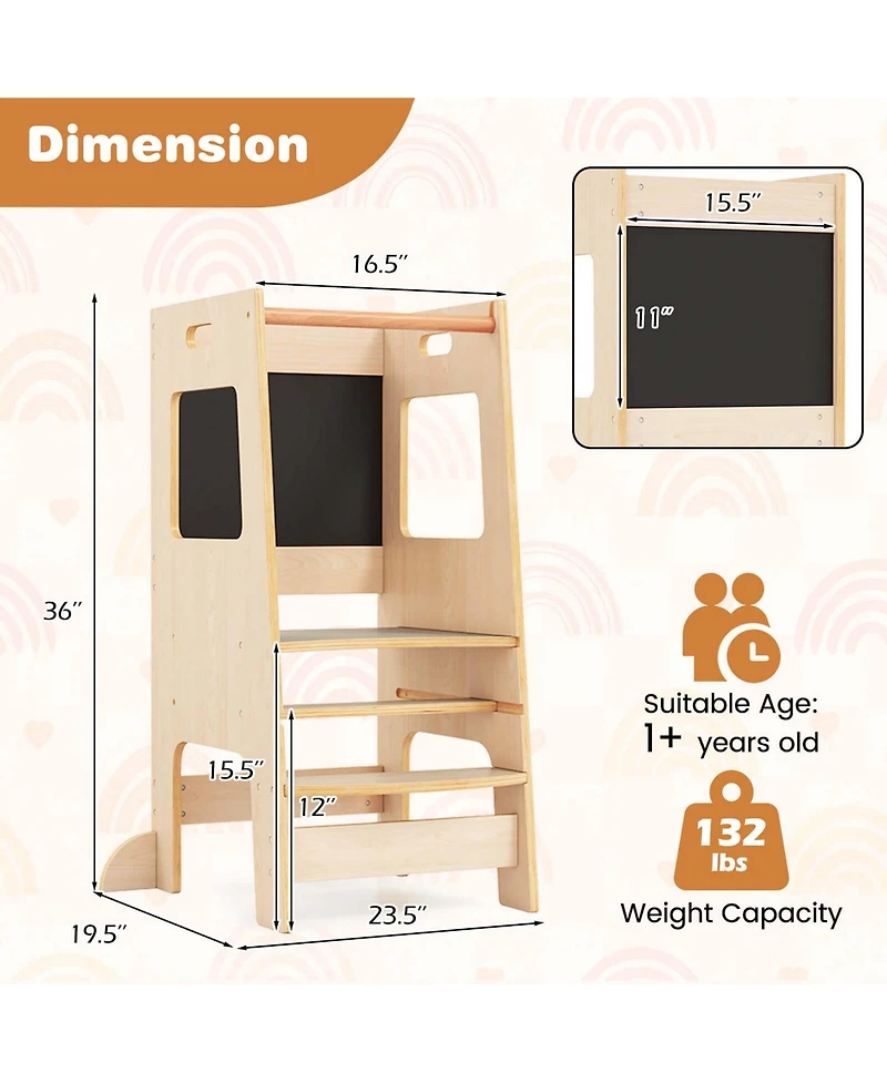 Costway Girls Kitchen Step Stool with Activity Chalkboard Adjustable Height & Safety Rail