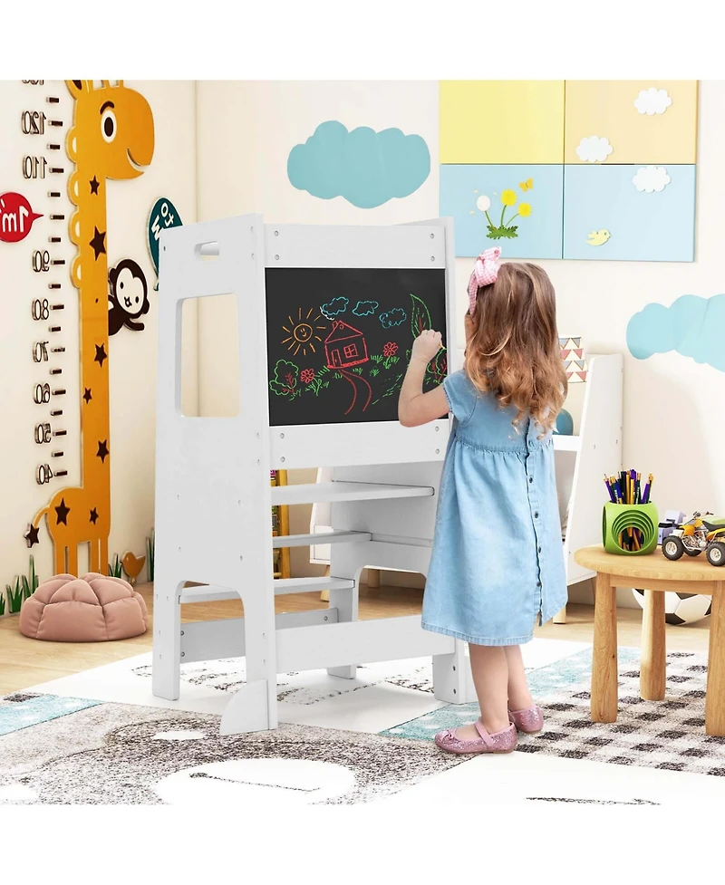 Costway Girls Kitchen Step Stool with Activity Chalkboard Adjustable Height & Safety Rail