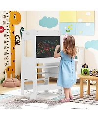 Costway Girls Kitchen Step Stool with Activity Chalkboard Adjustable Height & Safety Rail
