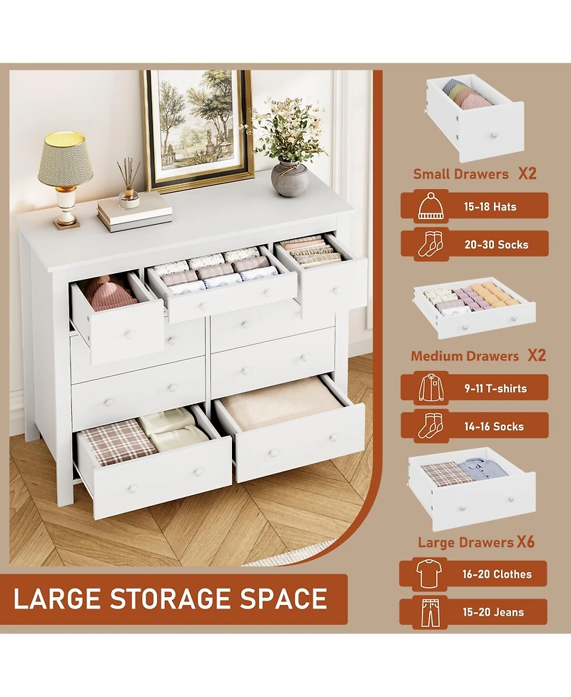 gaomon 10-Drawer White Dresser 47" Wide, Long Wooden Chest Storage Cabinet for Bedroom, Entryway, Living Room