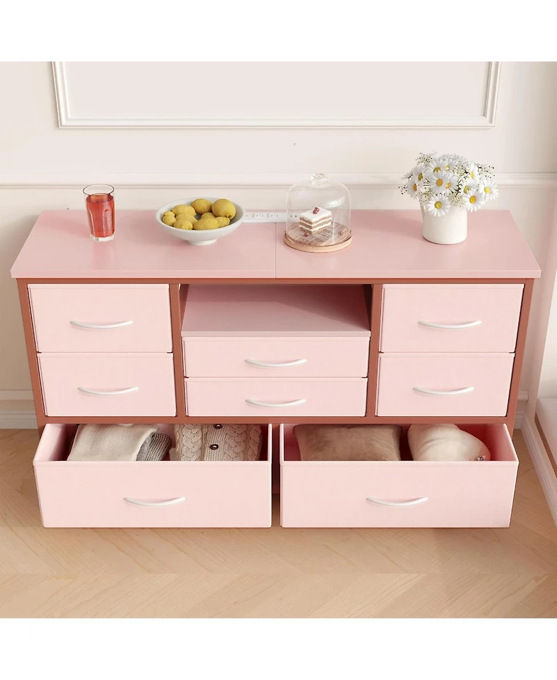 gaomon 8-Drawer Dresser Tv Stand with Led Lights & Charging Station, 55" Entertainment Center Storage, Rustic Brown, Pink