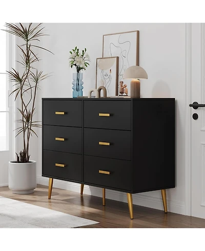 gaomon 6-Drawer Modern Wood Dresser for Bedroom, Wide Gold Handles, Storage Organizer Unit for Living Room, Closet, Entryway