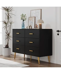 gaomon 6-Drawer Modern Wood Dresser for Bedroom, Wide Gold Handles, Storage Organizer Unit for Living Room, Closet, Entryway