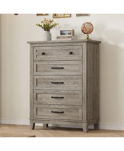 gaomon 5-Drawer Grey Freestanding Wooden Chest, 41.3" Tall, Vertical Dresser for Living Room, Bedroom, Entryway
