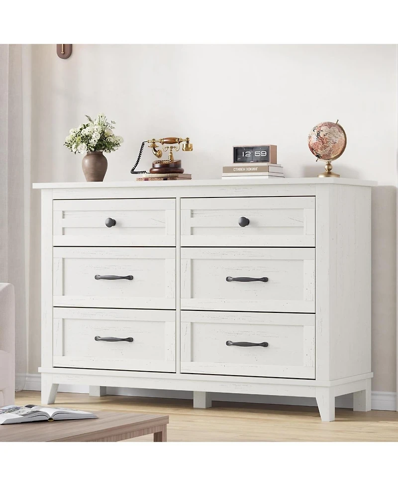 gaomon 6-Drawer White Wooden Dresser, 47" Freestanding Storage Chest for Bedroom, Living Room
