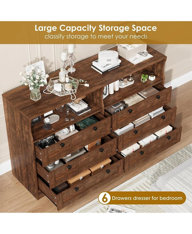 gaomon 6-Drawer Modern Dresser with Power Outlet & Led Light, Large Capacity Wood Storage Chest Tv Stand for Bedroom, Living Room