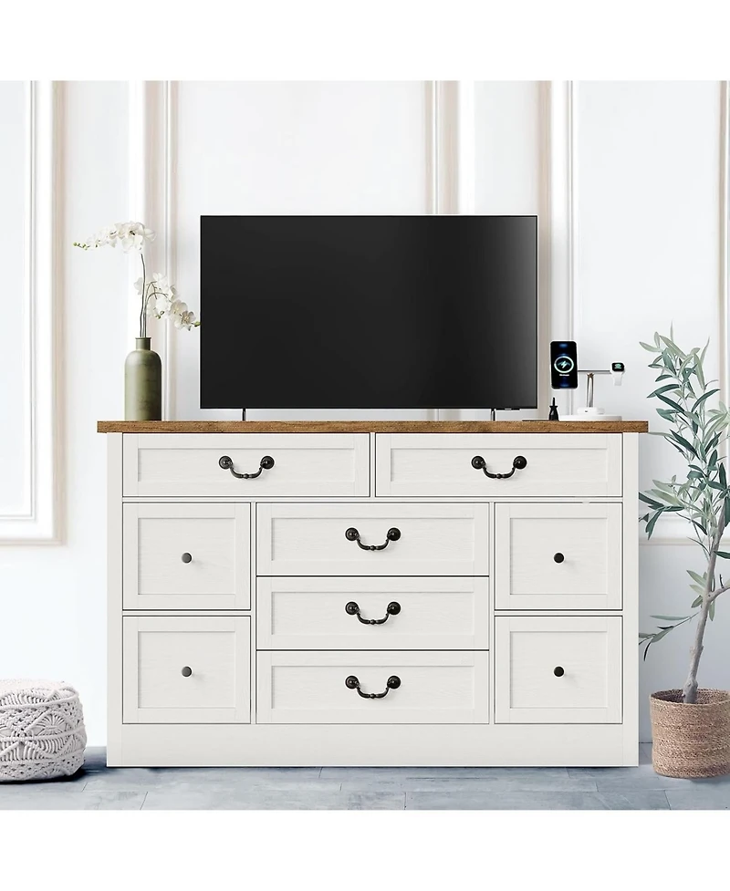 gaomon 9-Drawer Engineered Wood Farmhouse Dresser with Built-In Charging Station and Anti-Tip Device