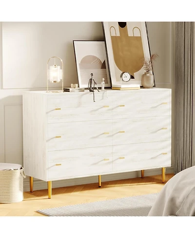 gaomon 47.2 Inch Wide 6 Drawer White Rustic Dresser, Wood Chest with Bar Handles, Vintage Storage, Bedroom, Living Room