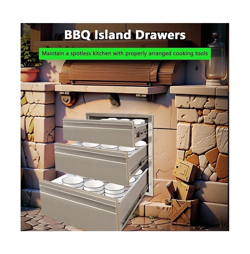 Gaomon 16" x 21" x 23" Outdoor Kitchen Drawer, 3-Layer Stainless Steel Built-In Bbq Access Drawer for Bbq Island