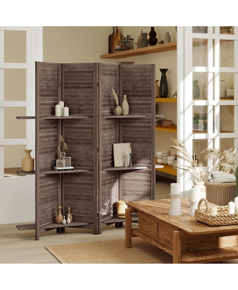 Homcom 4 Panel Privacy Screen, Room Divider with 3 Shelves