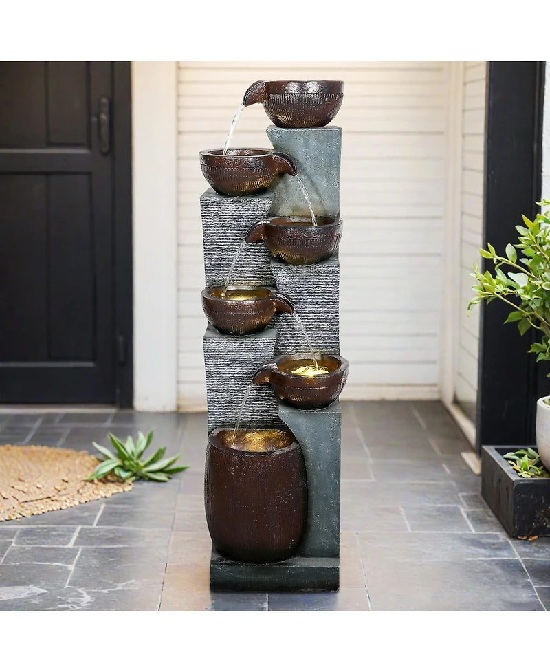 Sunjet 53.5" High 6-Tier Outdoor Indoor Water Fountain, Polyresin Cascading Waterfall with Led Lights for Garden, Patio, Yard, Home Decor