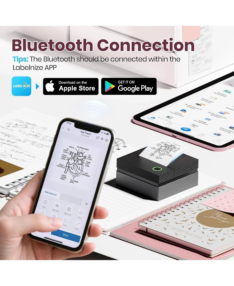 Swifint PM290C Inkless Sticker Maker: Portable Bluetooth printer with 3 paper rolls. Creates notes, journal labels. Perfect gift for school/office.