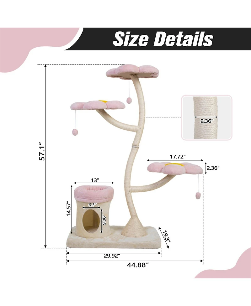 Aostirmotor 57.1'' Cat Tree with Blooming Platforms Bed in Pink