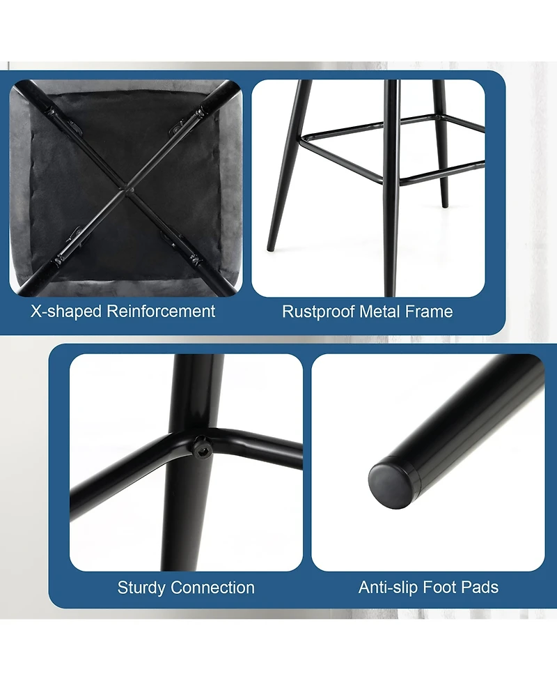 Costway Set of 2 Velvet Bar Stools Bar Height Kitchen Dining Chairs with Metal Legs