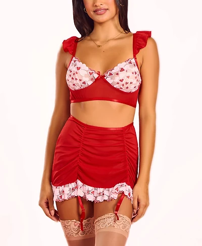 Hauty Women's 3PC Heart Lace & Ruffle Bralette and Mini Set Lingerie