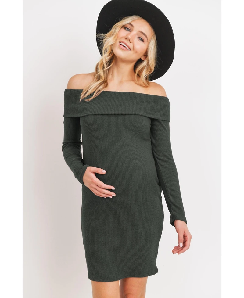 Hello Miz Women's Ribbed Off Shoulder Long Sleeve Bodycon Maternity Dress