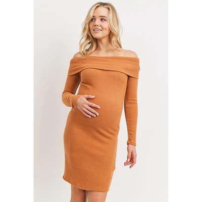 Hello Miz Women's Ribbed Off Shoulder Long Sleeve Bodycon Maternity Dress