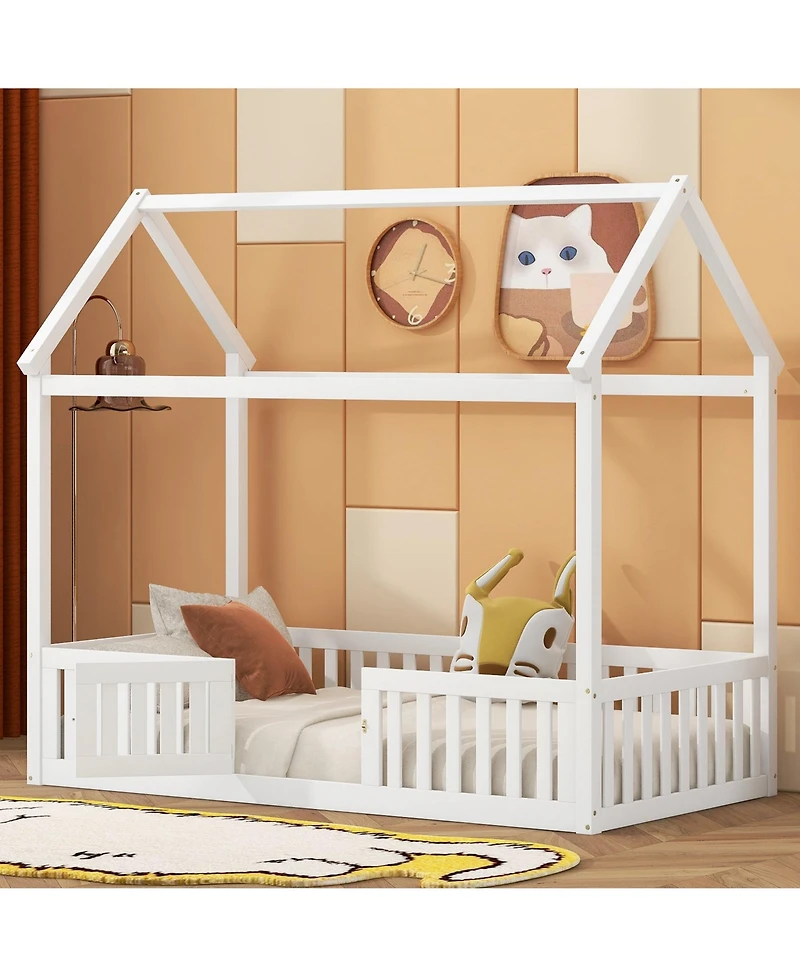 Boyel Living Twin Size Wood House Bed with Fence and Door