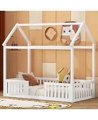Boyel Living Twin Size Wood House Bed with Fence and Door
