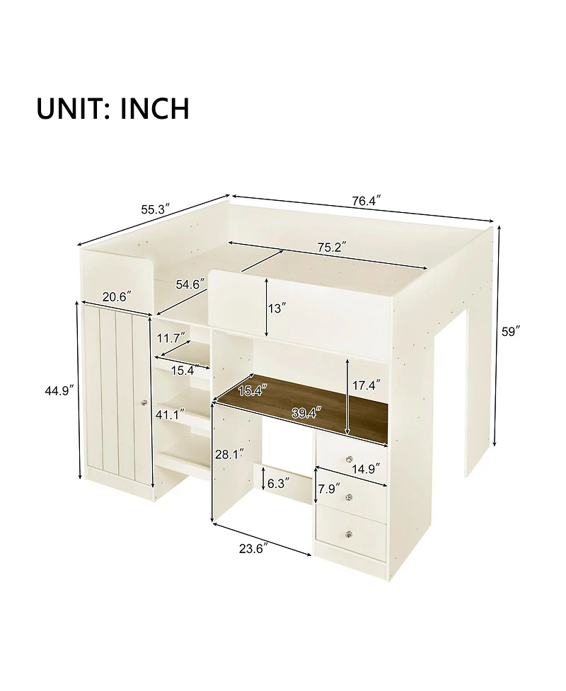 Boyel Living Wood Full Size Loft Bed with Built-in Wardrobe, Desk, Storage Shelves and Drawers
