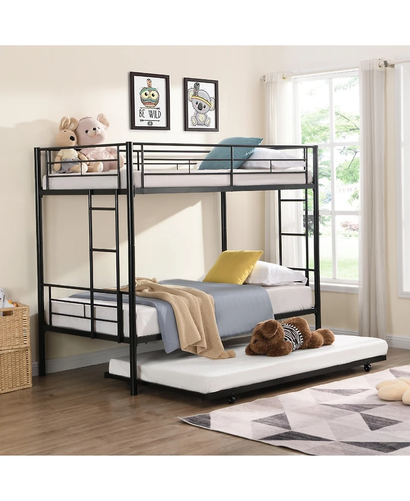 Boyel Living Twin Over Twin Metal Bunk Bed with Trundle, No Box Spring Needed, Easy Assemble
